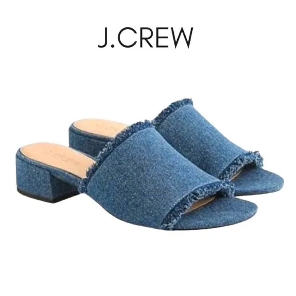J. Crew Frayed Blue Jean Denim Open Toe Slide Mules w/ Low Heel Sandal 10
